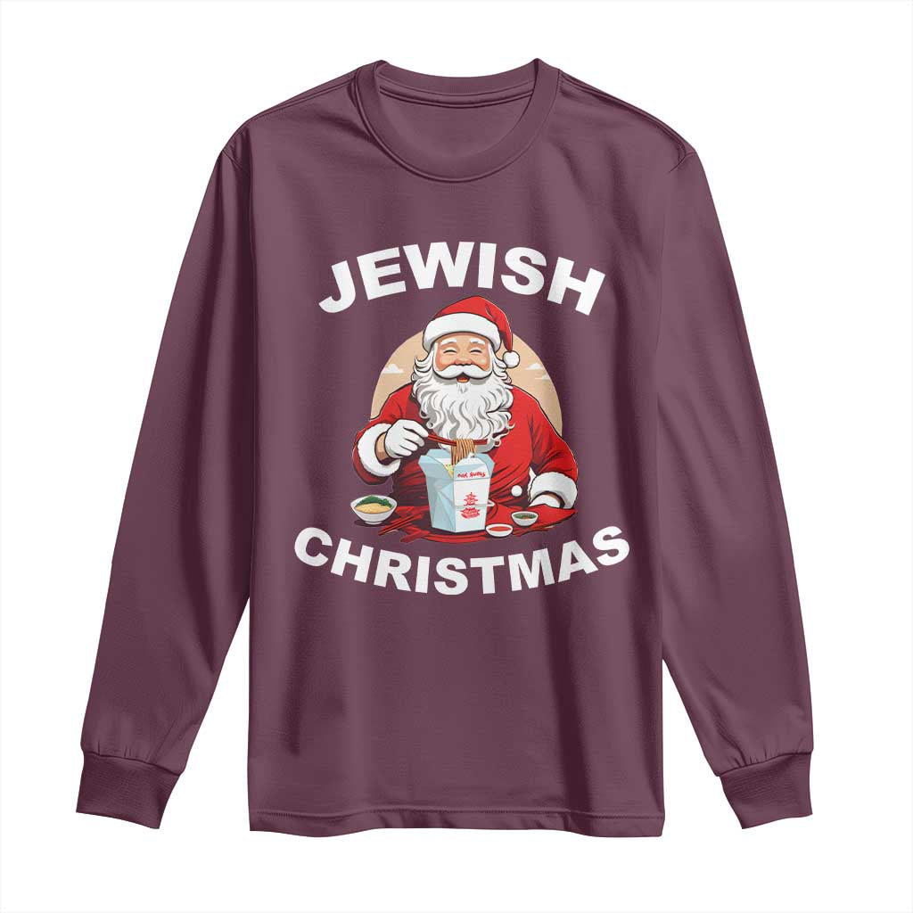 Funny Jewish Christmas Long Sleeve Shirt Santa Is Eating Chinese Food Hanukkah Hebrew TS11 Maroon Print Your Wear