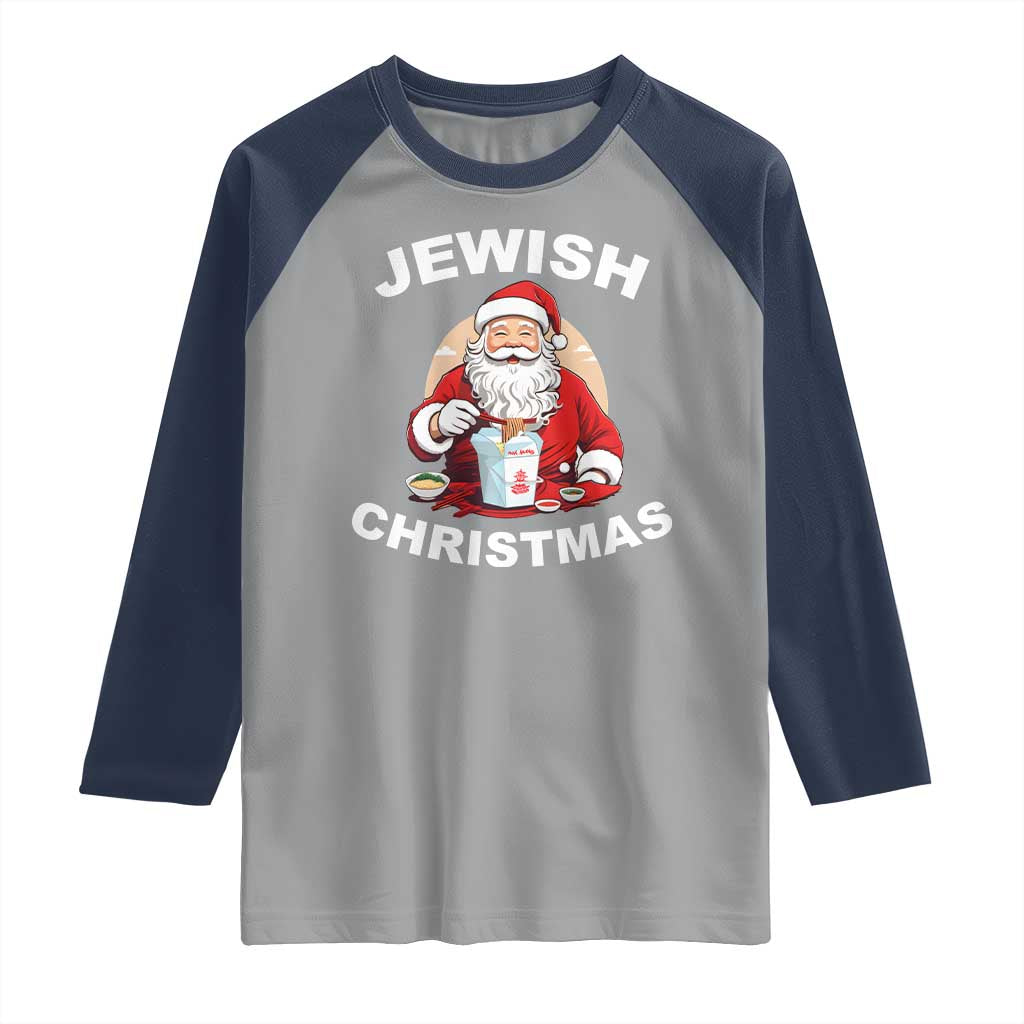 Funny Jewish Christmas Raglan Shirt Santa Is Eating Chinese Food Hanukkah Hebrew TS11 Sport Gray Navy Print Your Wear