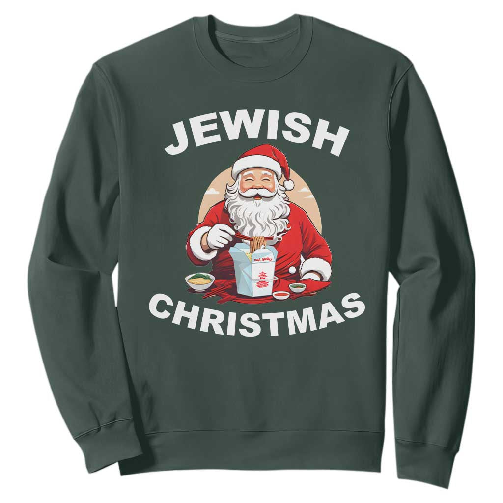Funny Jewish Christmas Sweatshirt Santa Is Eating Chinese Food Hanukkah Hebrew TS11 Dark Forest Green Print Your Wear
