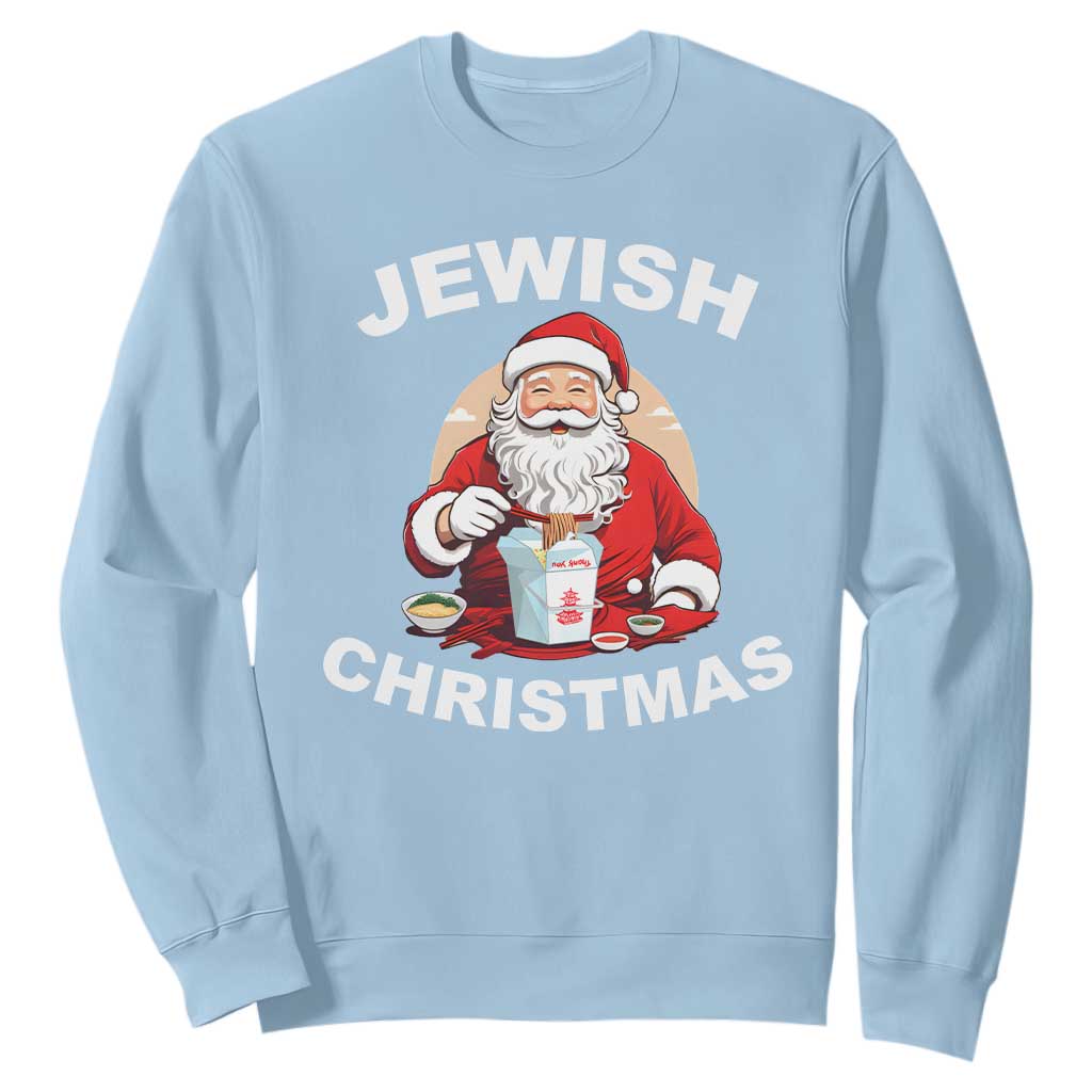 Funny Jewish Christmas Sweatshirt Santa Is Eating Chinese Food Hanukkah Hebrew TS11 Light Blue Print Your Wear