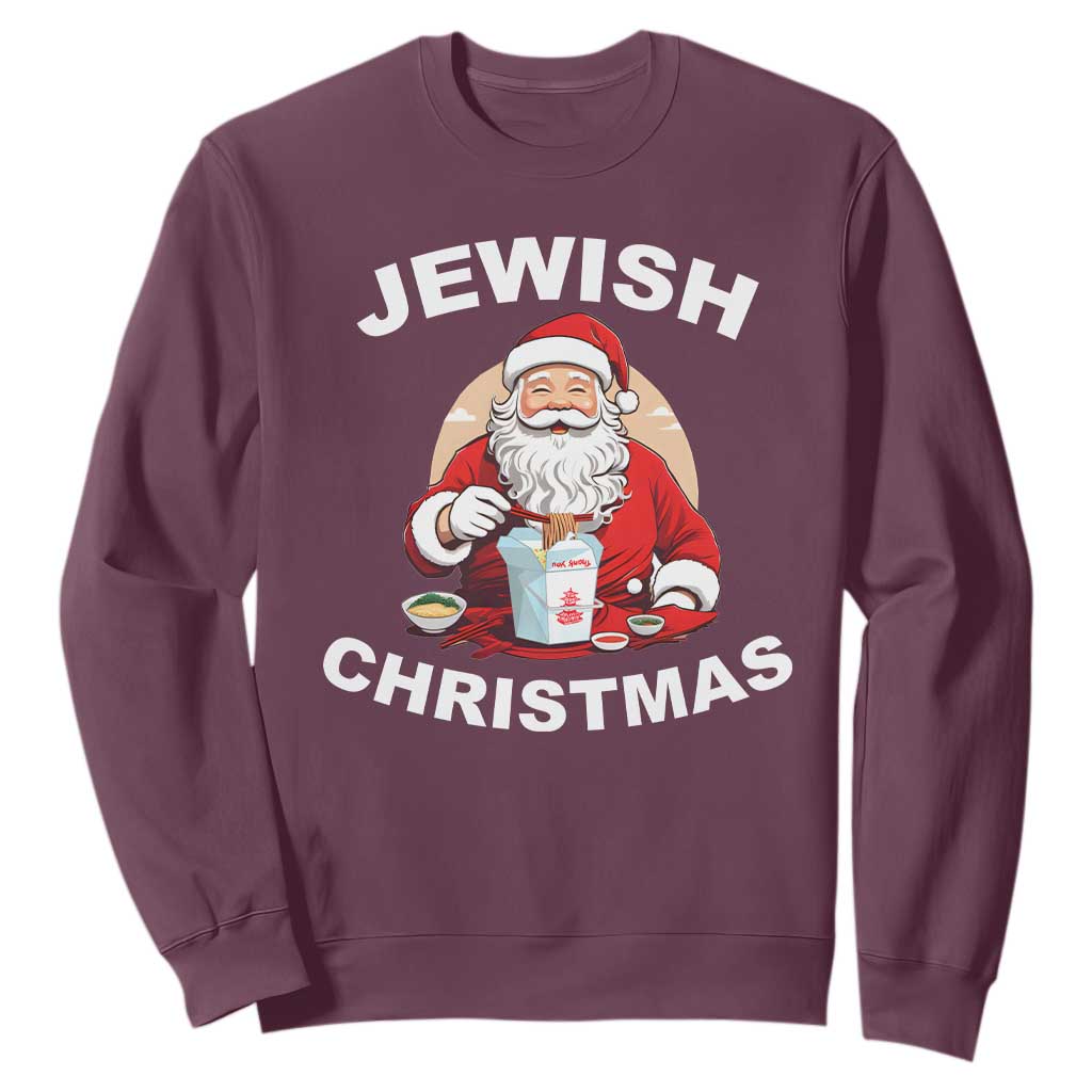 Funny Jewish Christmas Sweatshirt Santa Is Eating Chinese Food Hanukkah Hebrew TS11 Maroon Print Your Wear