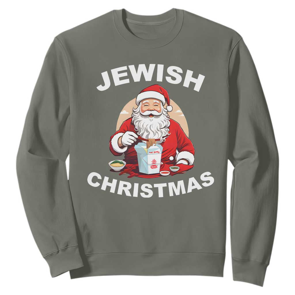 Funny Jewish Christmas Sweatshirt Santa Is Eating Chinese Food Hanukkah Hebrew TS11 Military Green Print Your Wear