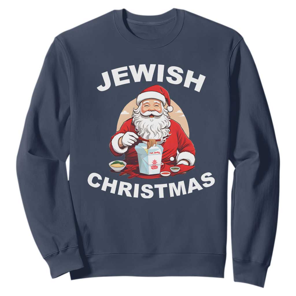 Funny Jewish Christmas Sweatshirt Santa Is Eating Chinese Food Hanukkah Hebrew TS11 Navy Print Your Wear