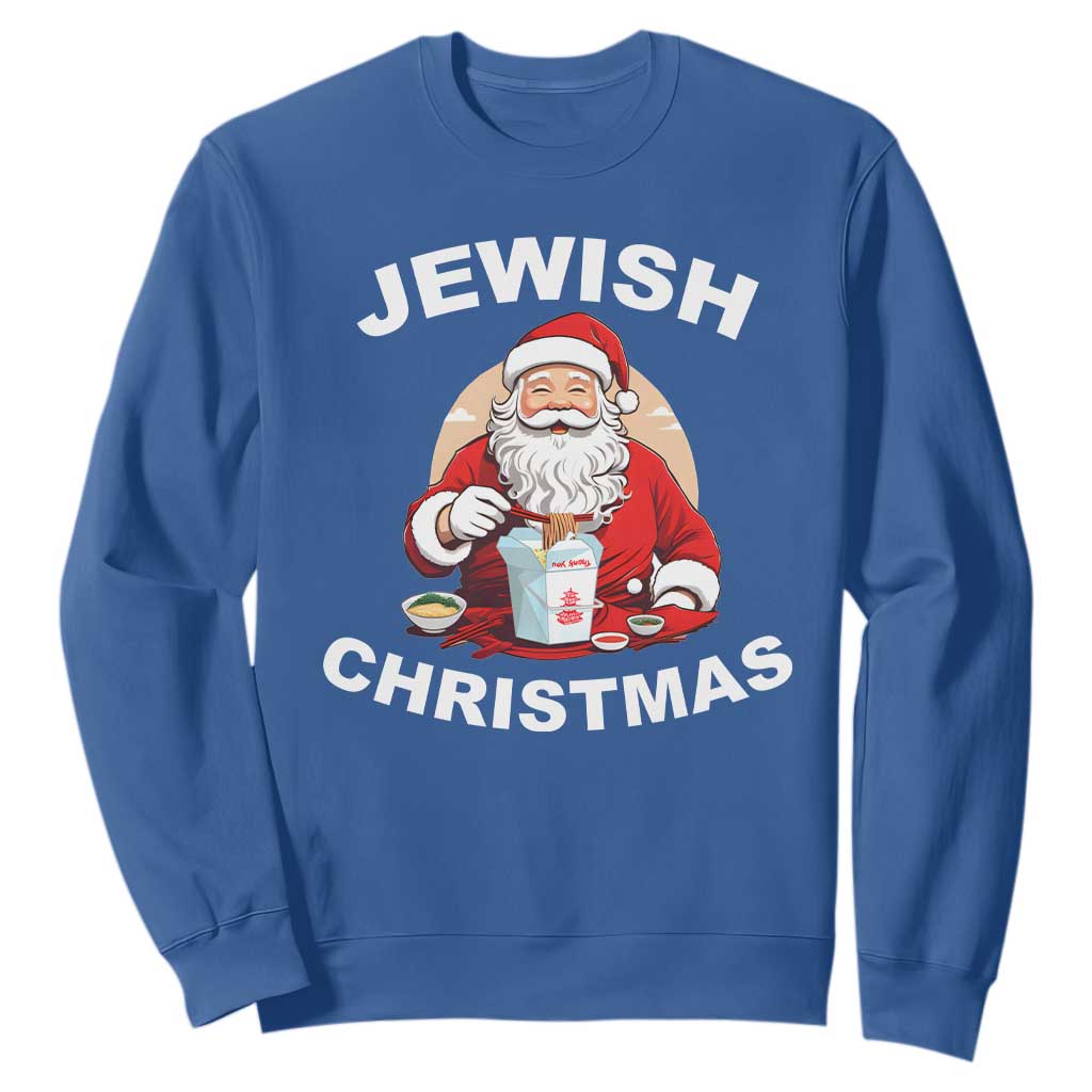 Funny Jewish Christmas Sweatshirt Santa Is Eating Chinese Food Hanukkah Hebrew TS11 Royal Blue Print Your Wear