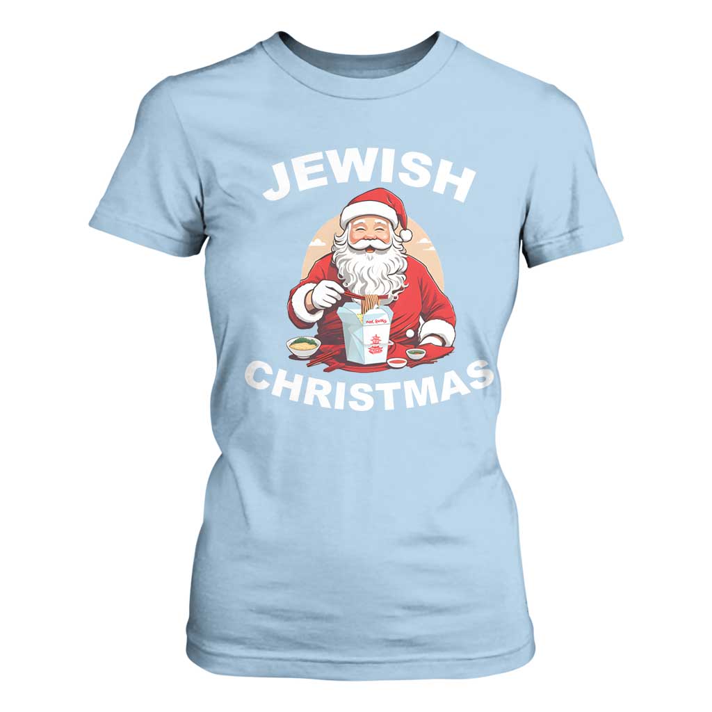 Funny Jewish Christmas T Shirt For Women Santa Is Eating Chinese Food Hanukkah Hebrew TS11 Light Blue Print Your Wear
