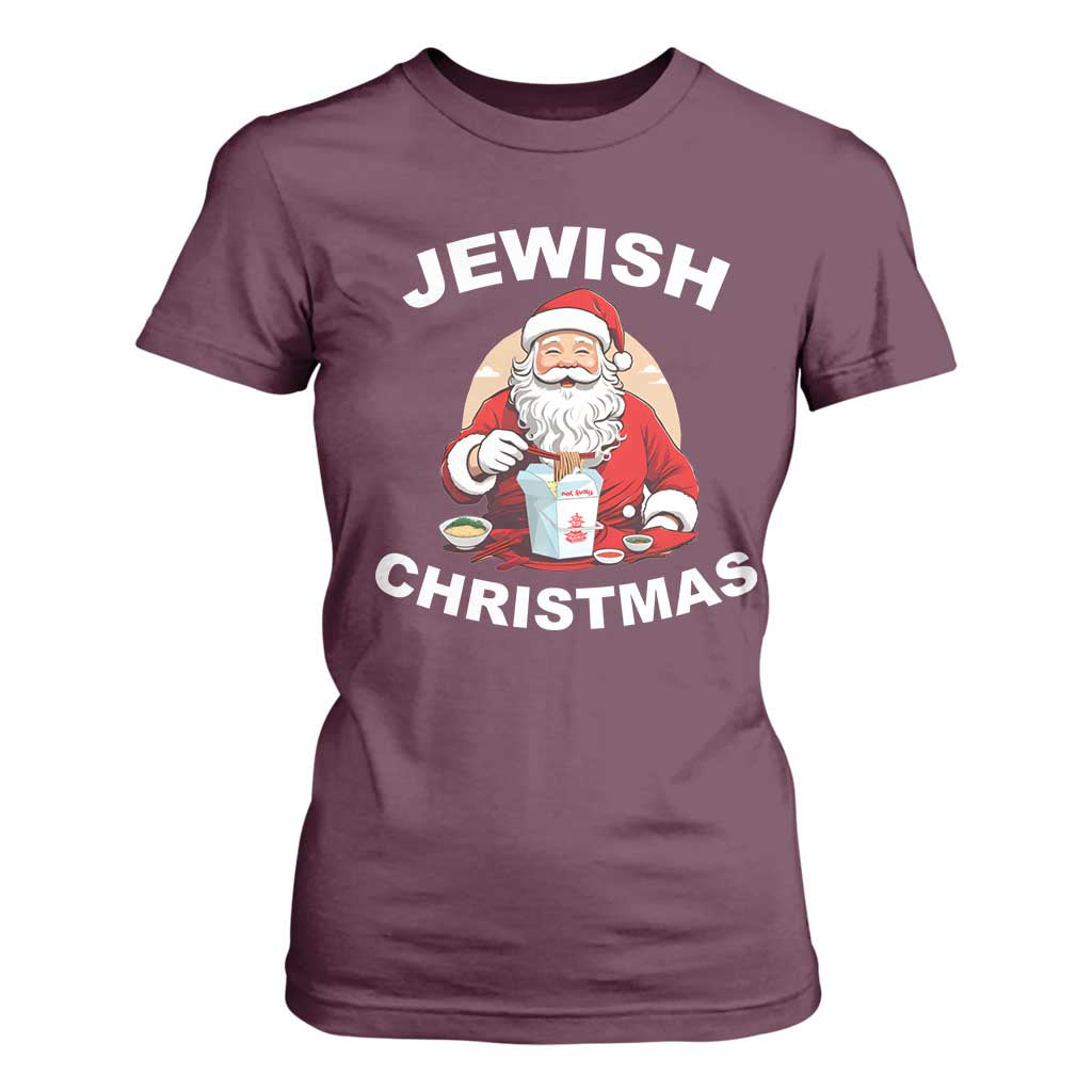 Funny Jewish Christmas T Shirt For Women Santa Is Eating Chinese Food Hanukkah Hebrew TS11 Maroon Print Your Wear
