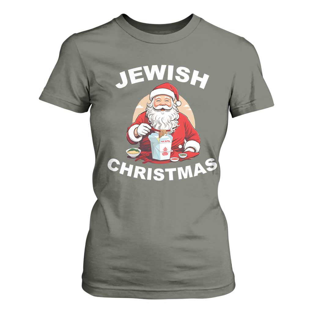 Funny Jewish Christmas T Shirt For Women Santa Is Eating Chinese Food Hanukkah Hebrew TS11 Military Green Print Your Wear
