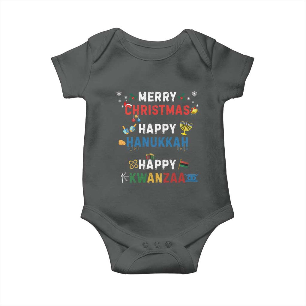 Funny Merry Christmas Happy Hanukkah Happy Kwanzaa Holiday Baby Onesie TS11 Dark Heather Print Your Wear