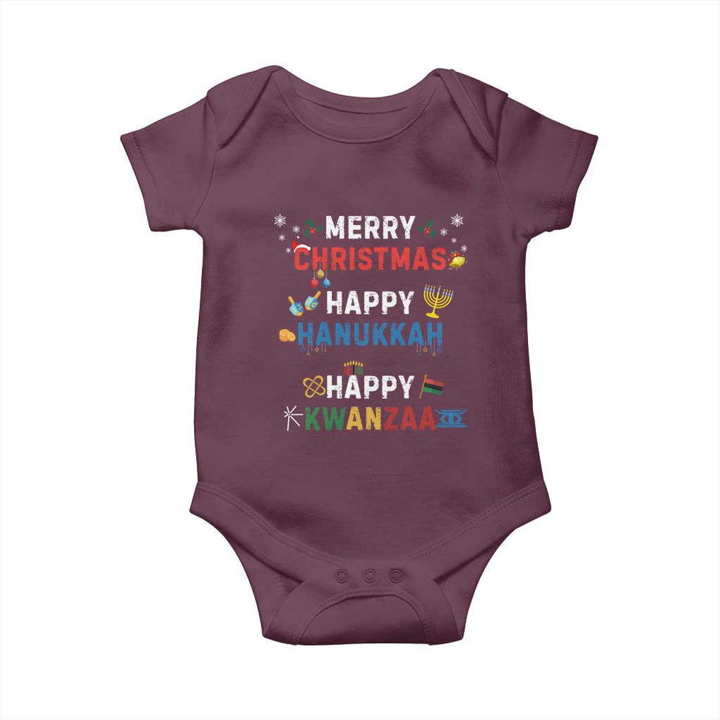 Funny Merry Christmas Happy Hanukkah Happy Kwanzaa Holiday Baby Onesie TS11 Maroon Print Your Wear