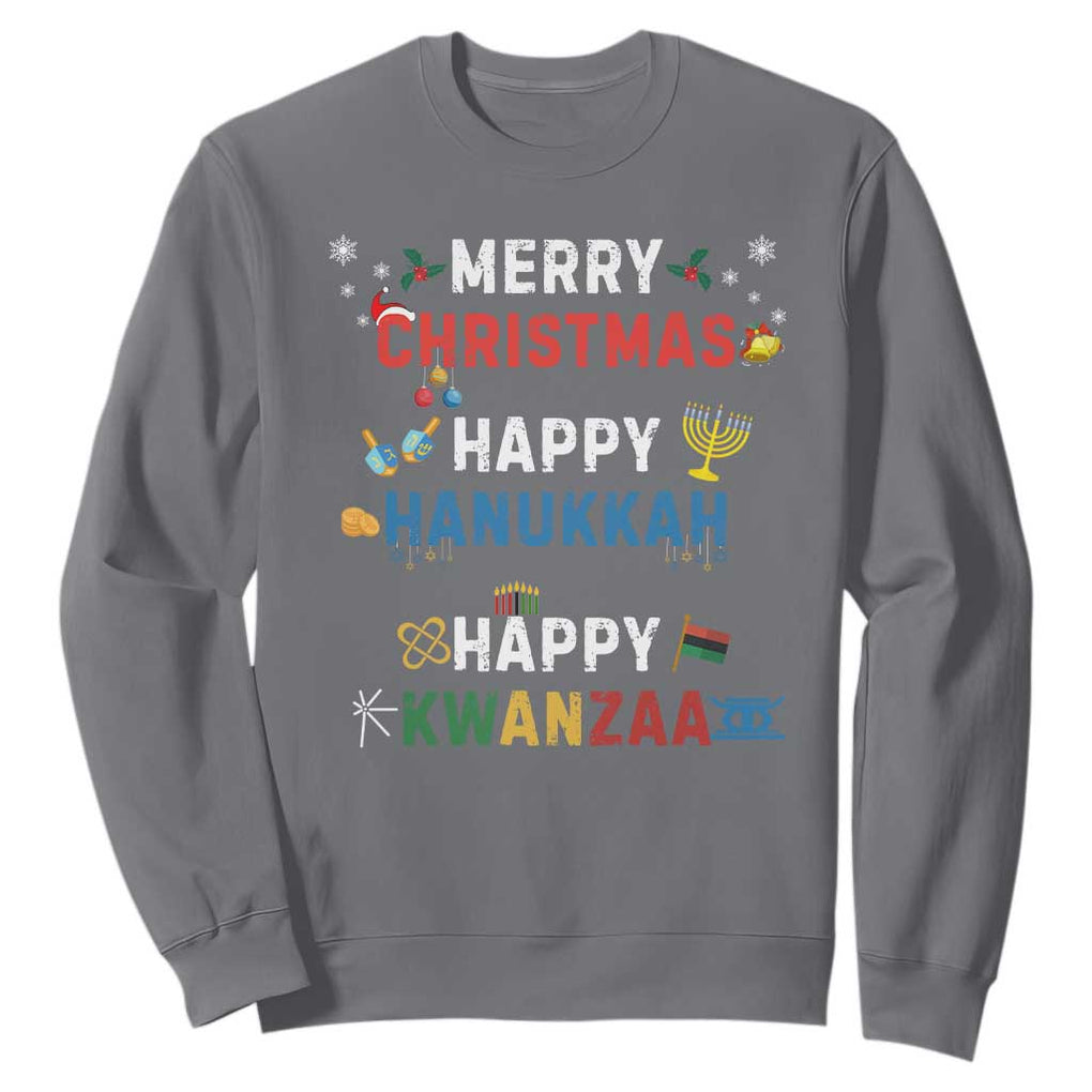 Funny Merry Christmas Happy Hanukkah Happy Kwanzaa Holiday Sweatshirt TS11 Charcoal Print Your Wear