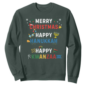 Funny Merry Christmas Happy Hanukkah Happy Kwanzaa Holiday Sweatshirt TS11 Dark Forest Green Print Your Wear