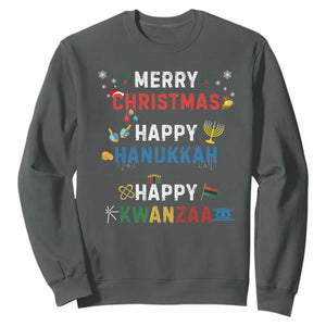 Funny Merry Christmas Happy Hanukkah Happy Kwanzaa Holiday Sweatshirt TS11 Dark Heather Print Your Wear