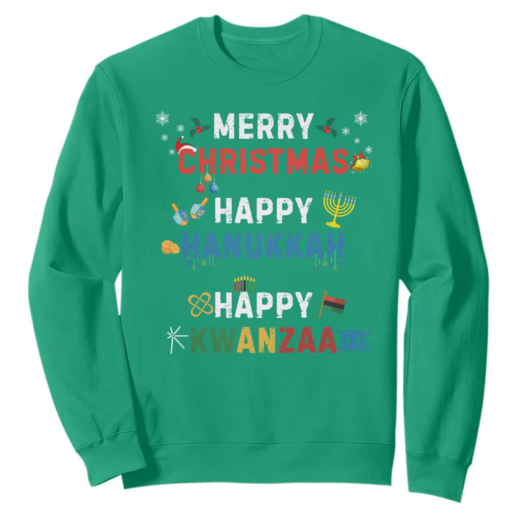 Funny Merry Christmas Happy Hanukkah Happy Kwanzaa Holiday Sweatshirt TS11 Irish Green Print Your Wear