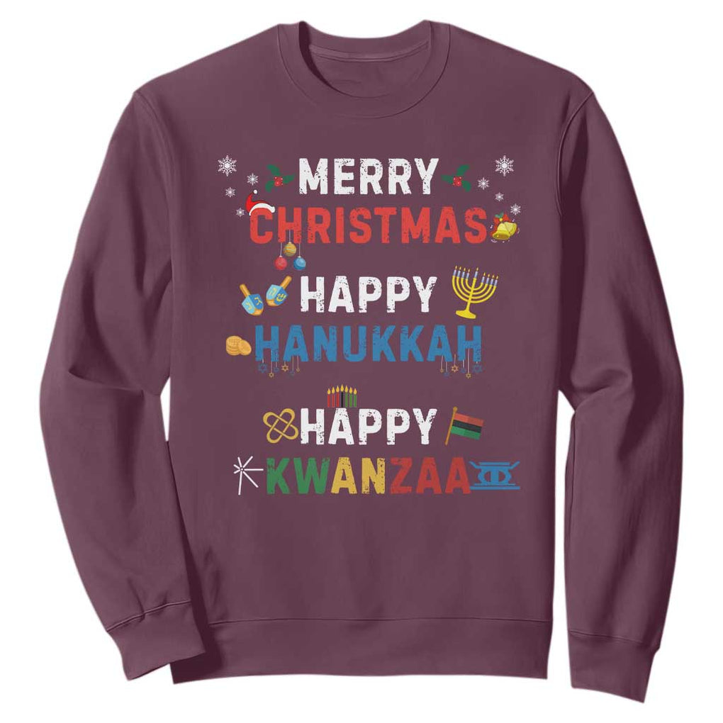 Funny Merry Christmas Happy Hanukkah Happy Kwanzaa Holiday Sweatshirt TS11 Maroon Print Your Wear