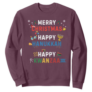 Funny Merry Christmas Happy Hanukkah Happy Kwanzaa Holiday Sweatshirt TS11 Maroon Print Your Wear