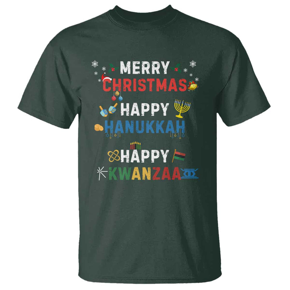 Funny Merry Christmas Happy Hanukkah Happy Kwanzaa Holiday T Shirt TS11 Dark Forest Green Print Your Wear