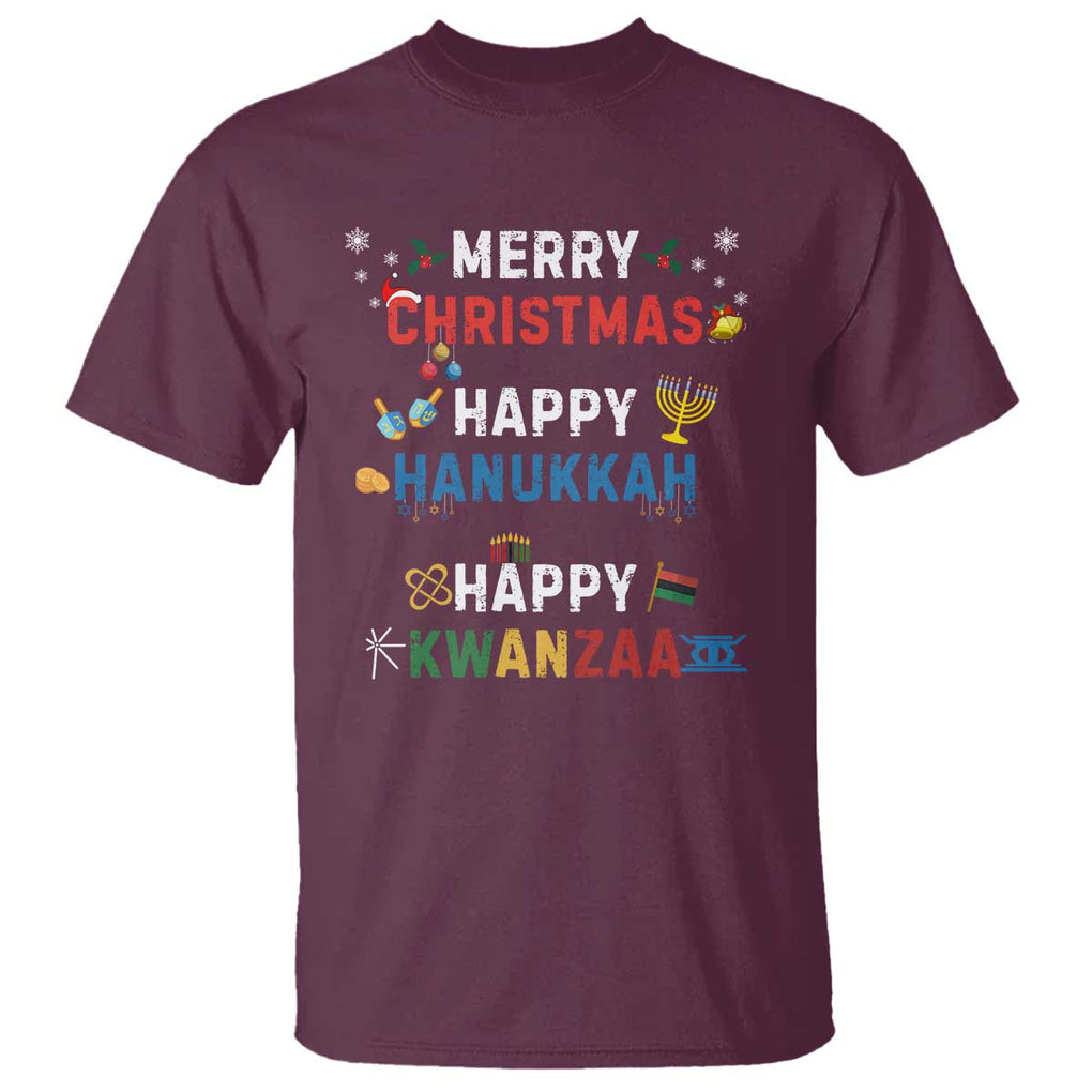 Funny Merry Christmas Happy Hanukkah Happy Kwanzaa Holiday T Shirt TS11 Maroon Print Your Wear
