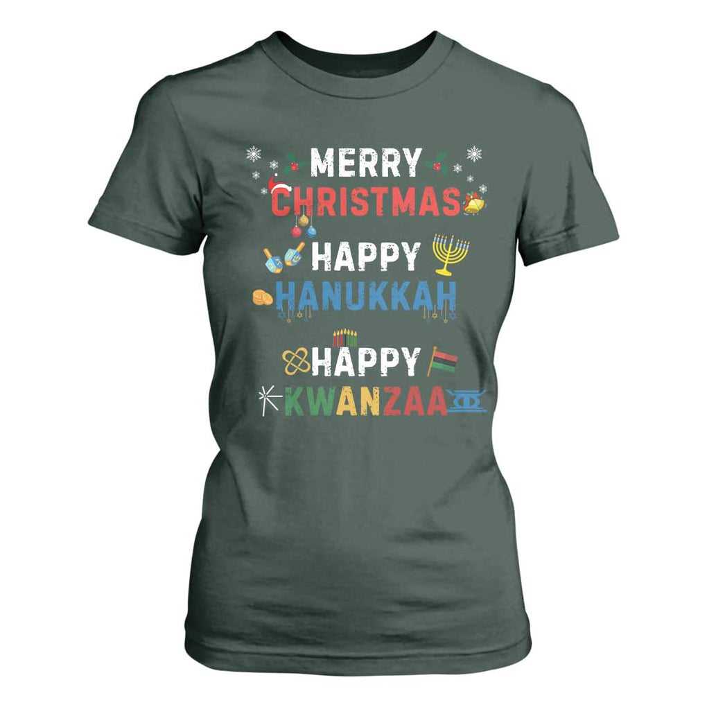 Funny Merry Christmas Happy Hanukkah Happy Kwanzaa Holiday T Shirt For Women TS11 Dark Forest Green Print Your Wear