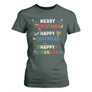 Funny Merry Christmas Happy Hanukkah Happy Kwanzaa Holiday T Shirt For Women TS11 Dark Forest Green Print Your Wear