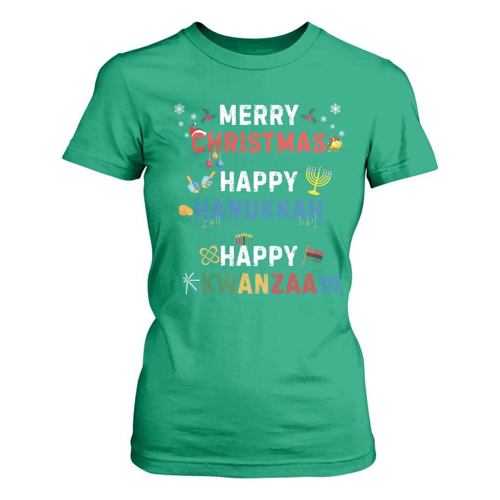 Funny Merry Christmas Happy Hanukkah Happy Kwanzaa Holiday T Shirt For Women TS11 Irish Green Print Your Wear
