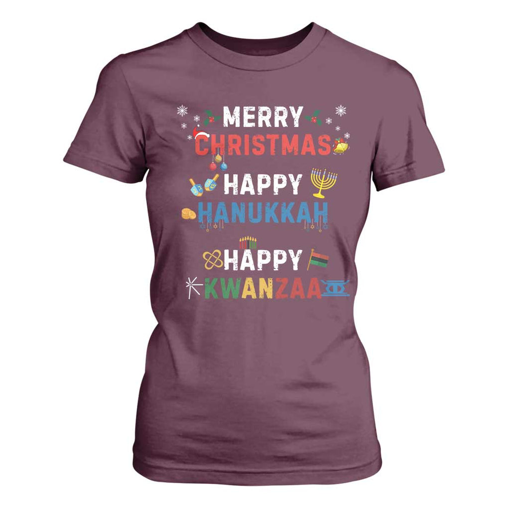 Funny Merry Christmas Happy Hanukkah Happy Kwanzaa Holiday T Shirt For Women TS11 Maroon Print Your Wear