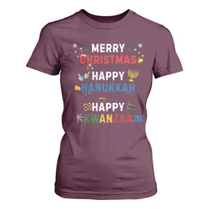 Funny Merry Christmas Happy Hanukkah Happy Kwanzaa Holiday T Shirt For Women TS11 Maroon Print Your Wear