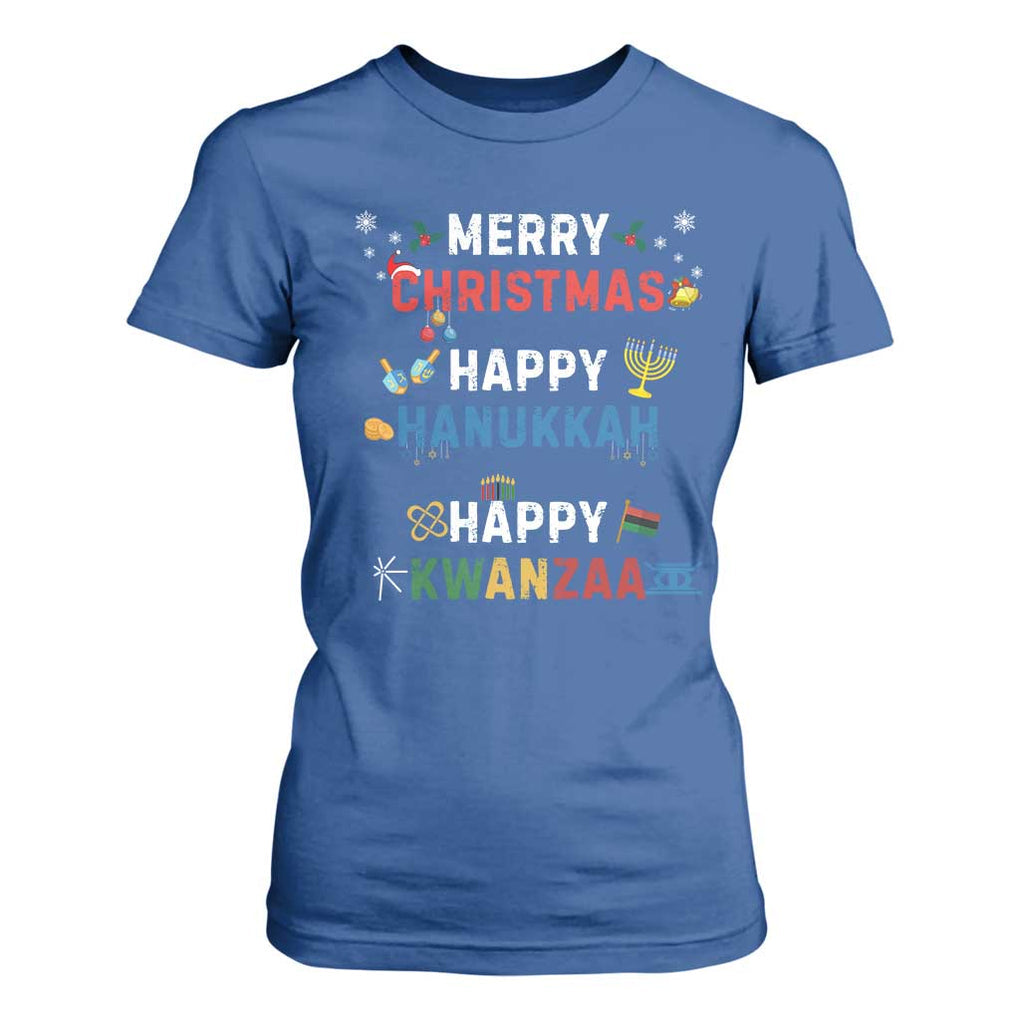 Funny Merry Christmas Happy Hanukkah Happy Kwanzaa Holiday T Shirt For Women TS11 Royal Blue Print Your Wear