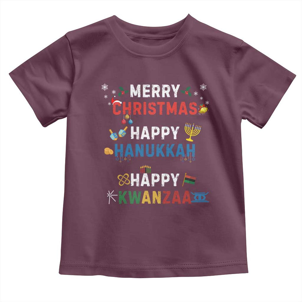 Funny Merry Christmas Happy Hanukkah Happy Kwanzaa Holiday Toddler T Shirt TS11 Maroon Print Your Wear