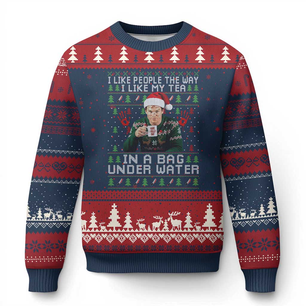 Funny Xmas Crime Drama Ugly Christmas Sweater I Like People The Way I Like My Tea In A Bag Under Water TS11 Navy Red Print Your Wear