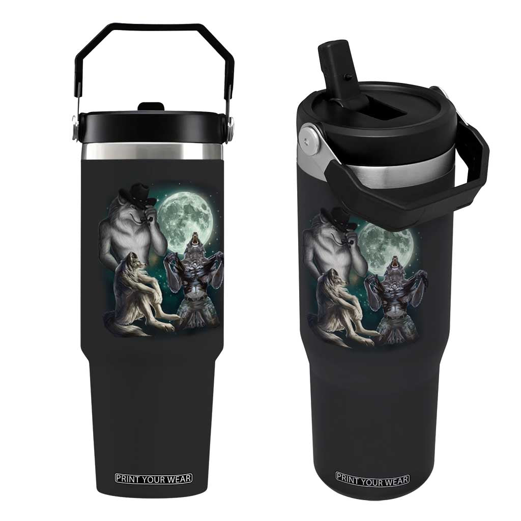 Funny Three Alpha Wolf Howling Moon Flip Straw Tumbler Weird Cringe Werewolf Meme TS11 One Size: 30 oz Black Print Your Wear