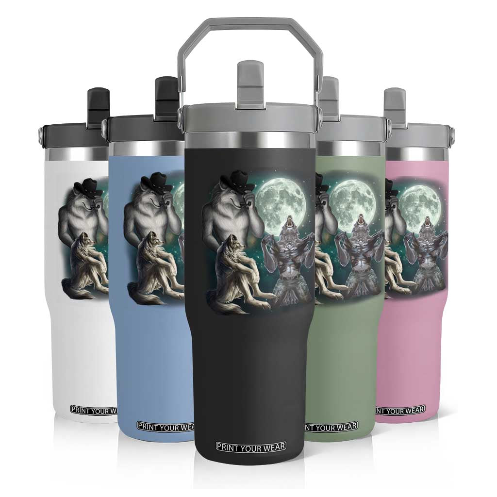 Funny Three Alpha Wolf Howling Moon Flip Straw Tumbler Weird Cringe Werewolf Meme TS11 Print Your Wear