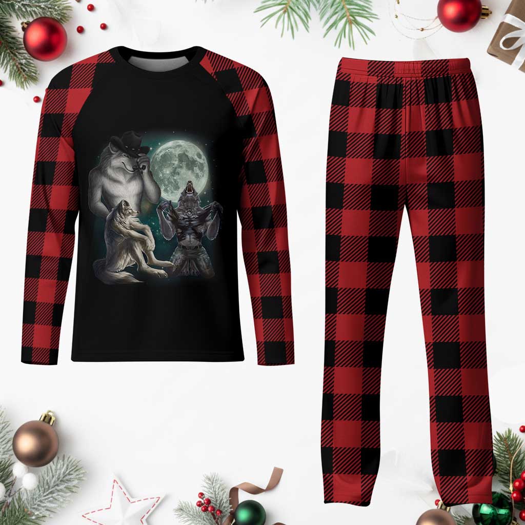 Funny Three Alpha Wolf Howling Moon Plaid Pajama Set Weird Cringe Werewolf Meme TS11 Buffalo Plaid Print Your Wear