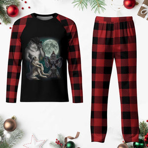 Funny Three Alpha Wolf Howling Moon Plaid Pajama Set Weird Cringe Werewolf Meme TS11 Buffalo Plaid Print Your Wear