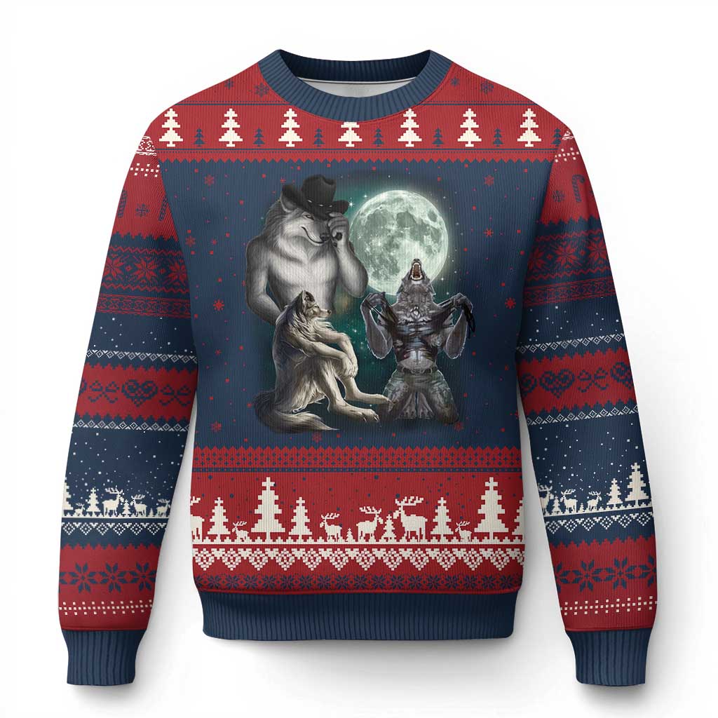 Funny Three Alpha Wolf Howling Moon Ugly Christmas Sweater Weird Cringe Werewolf Meme TS11 Navy Red Print Your Wear