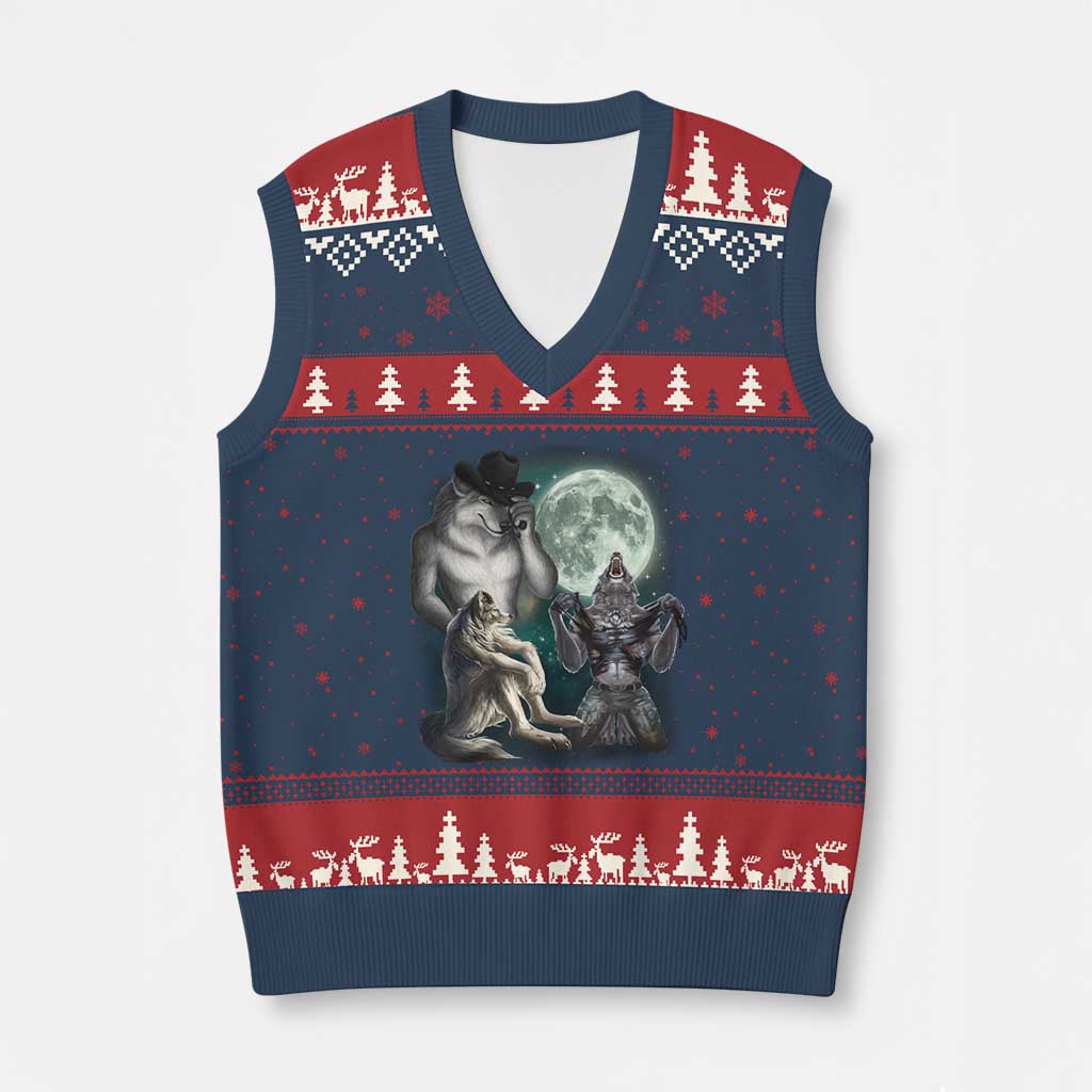 Funny Three Alpha Wolf Howling Moon V-Neck Knit Sweater Vest Weird Cringe Werewolf Meme TS11 Navy Red Print Your Wear