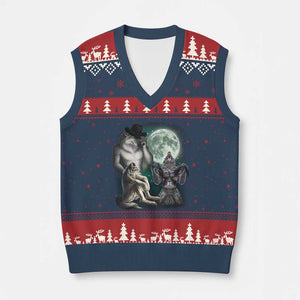 Funny Three Alpha Wolf Howling Moon V-Neck Knit Sweater Vest Weird Cringe Werewolf Meme TS11 Navy Red Print Your Wear