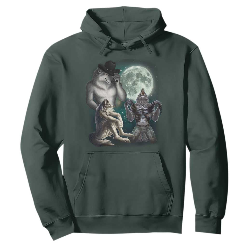 Funny Three Alpha Wolf Howling Moon Hoodie Weird Cringe Werewolf Meme TS11 Dark Forest Green Print Your Wear