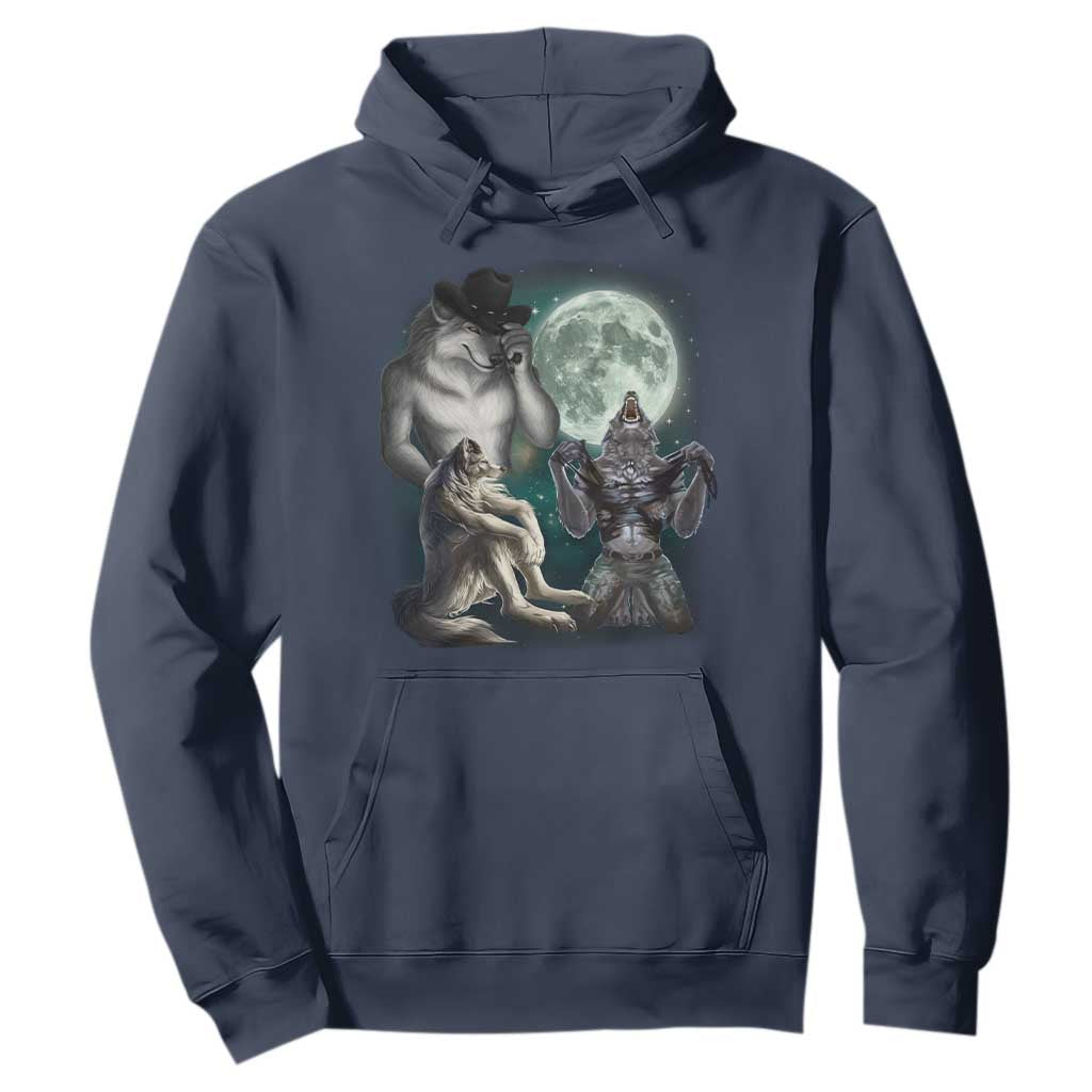 Funny Three Alpha Wolf Howling Moon Hoodie Weird Cringe Werewolf Meme TS11 Navy Print Your Wear