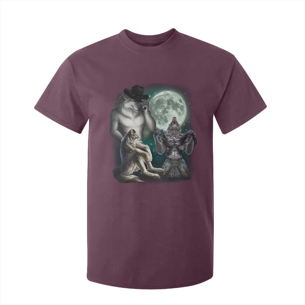 Funny Three Alpha Wolf Howling Moon T Shirt For Kid Weird Cringe Werewolf Meme TS11 Maroon Print Your Wear