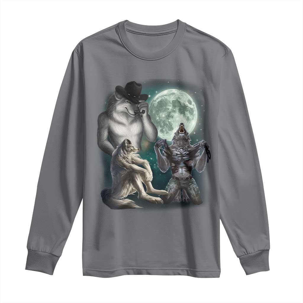 Funny Three Alpha Wolf Howling Moon Long Sleeve Shirt Weird Cringe Werewolf Meme TS11 Charcoal Print Your Wear