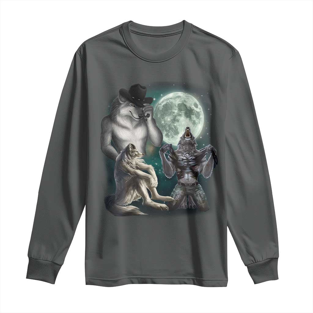 Funny Three Alpha Wolf Howling Moon Long Sleeve Shirt Weird Cringe Werewolf Meme TS11 Dark Heather Print Your Wear