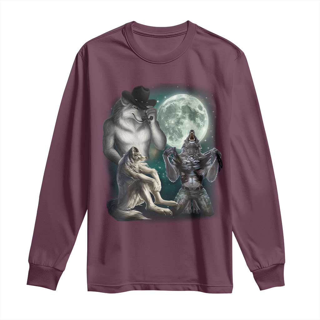 Funny Three Alpha Wolf Howling Moon Long Sleeve Shirt Weird Cringe Werewolf Meme TS11 Maroon Print Your Wear