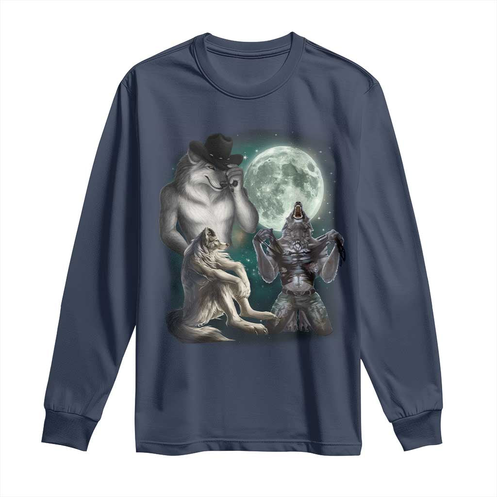 Funny Three Alpha Wolf Howling Moon Long Sleeve Shirt Weird Cringe Werewolf Meme TS11 Navy Print Your Wear