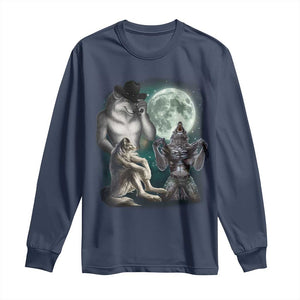 Funny Three Alpha Wolf Howling Moon Long Sleeve Shirt Weird Cringe Werewolf Meme TS11 Navy Print Your Wear