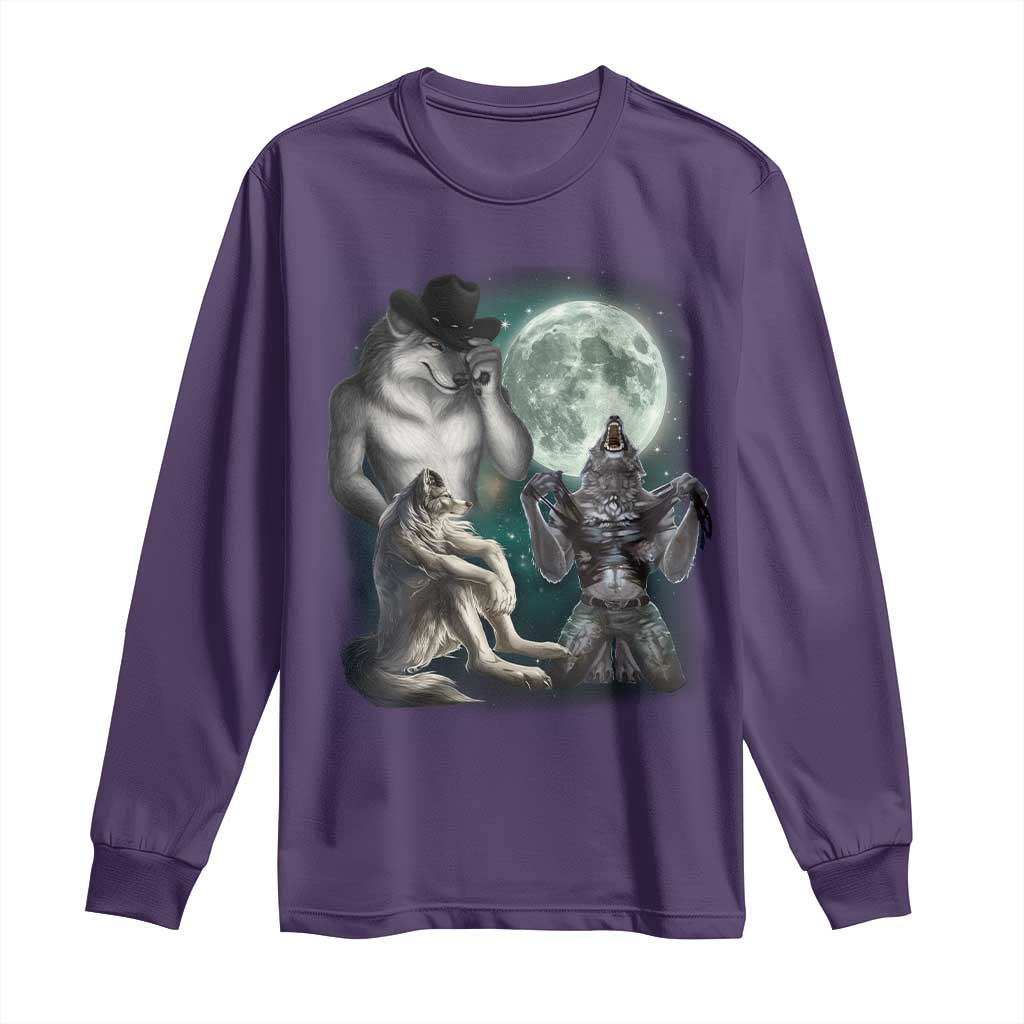 Funny Three Alpha Wolf Howling Moon Long Sleeve Shirt Weird Cringe Werewolf Meme TS11 Purple Print Your Wear