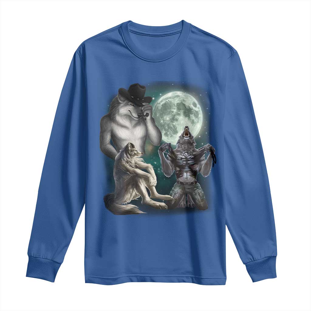 Funny Three Alpha Wolf Howling Moon Long Sleeve Shirt Weird Cringe Werewolf Meme TS11 Royal Blue Print Your Wear