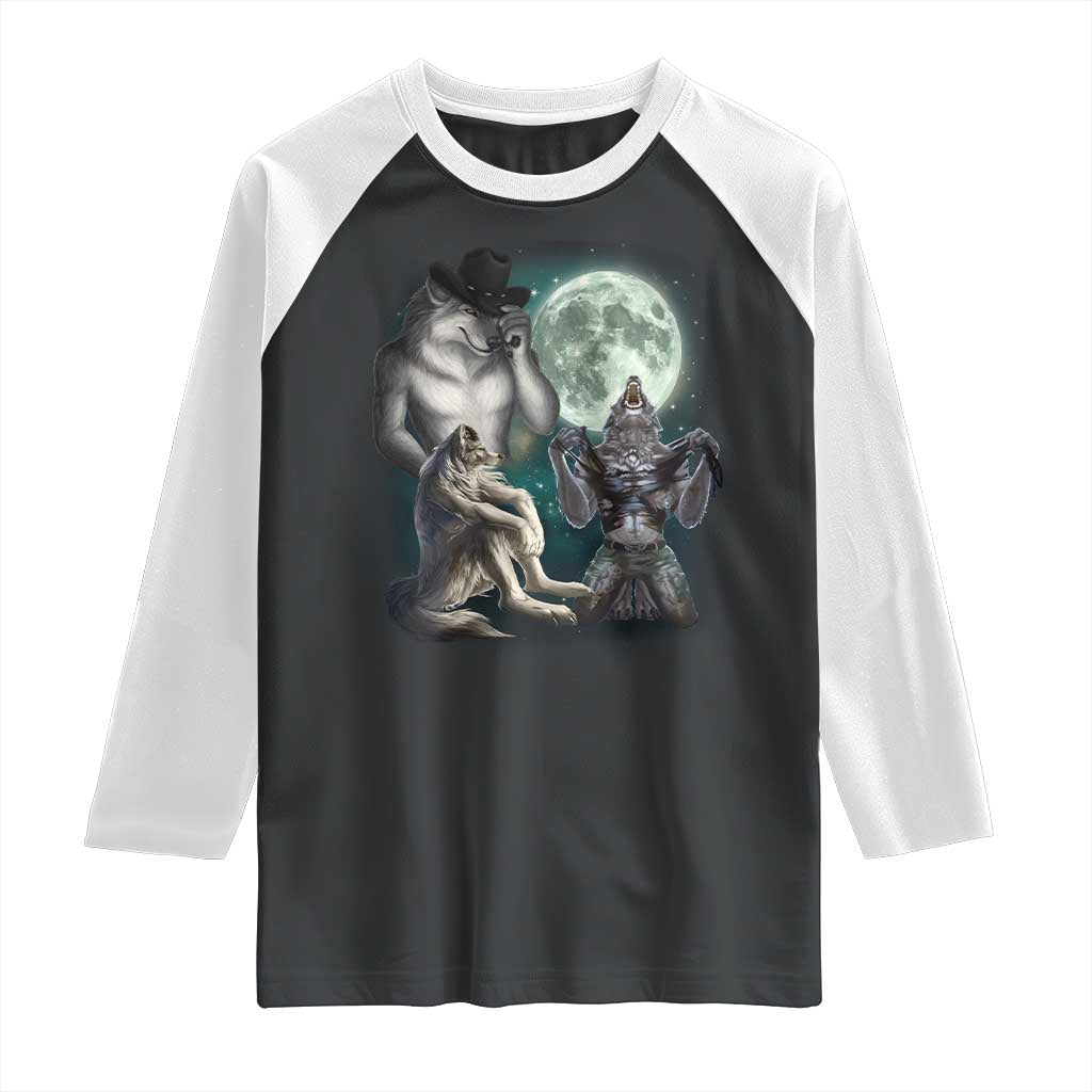 Funny Three Alpha Wolf Howling Moon Raglan Shirt Weird Cringe Werewolf Meme TS11 Black White Print Your Wear