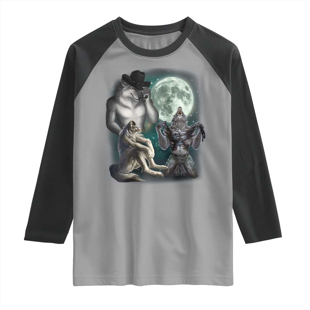Funny Three Alpha Wolf Howling Moon Raglan Shirt Weird Cringe Werewolf Meme TS11 Sport Gray Black Print Your Wear