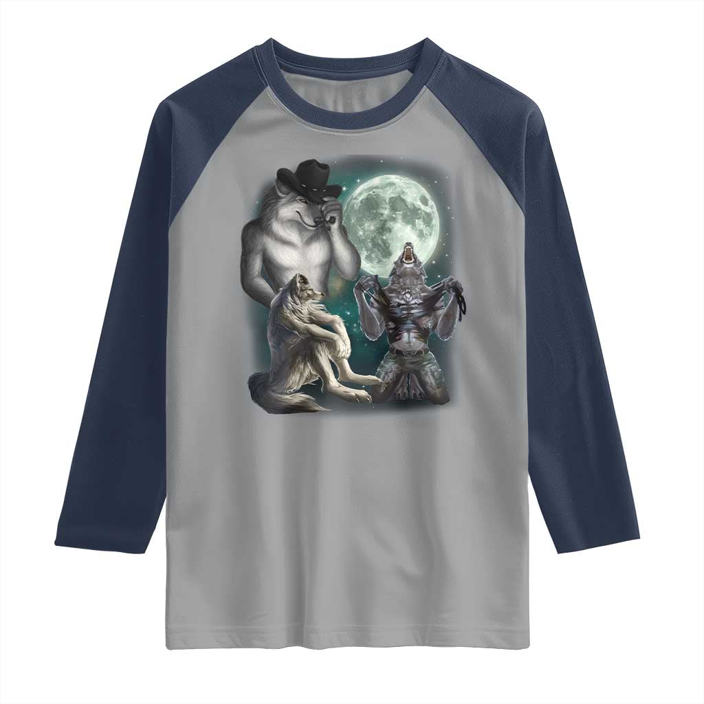 Funny Three Alpha Wolf Howling Moon Raglan Shirt Weird Cringe Werewolf Meme TS11 Sport Gray Navy Print Your Wear