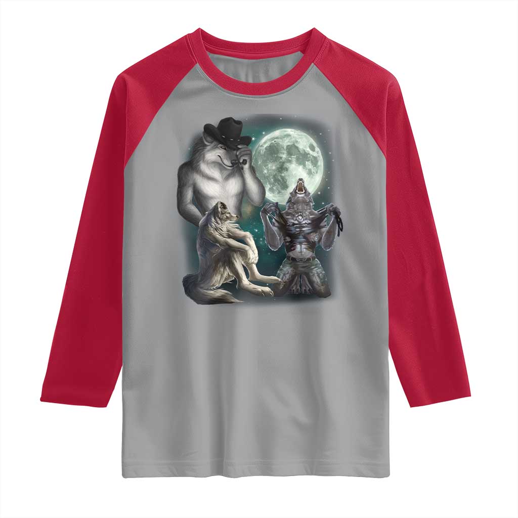 Funny Three Alpha Wolf Howling Moon Raglan Shirt Weird Cringe Werewolf Meme TS11 Sport Gray Red Print Your Wear